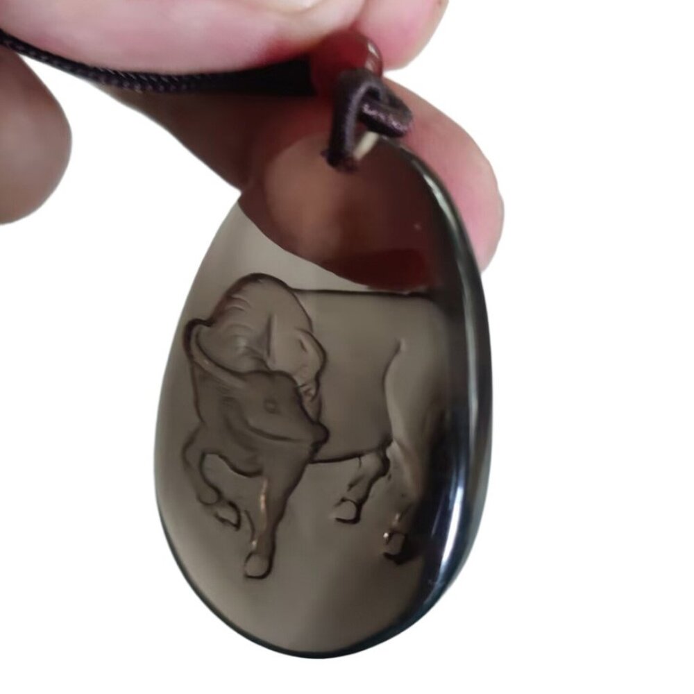 Natural Grey Citrine Carved Pendant w Oxen/Cow & Certificate